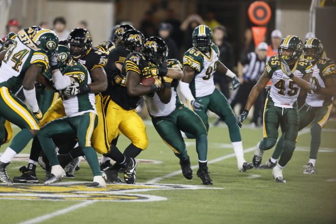 Sept 20, 2014; Hamilton, Ontario, Canada; Hamilton Tiger-Cats defeat the Edmonton Eskimos 25-23 at Tim Hortons Field. Mandatory Credit: John E. Sokolowski