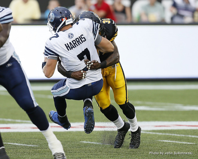 Aug 3, 2015; Hamilton, Ontario, CAN; Season opener at Tim Hortons Field between the Toronto Argonauts and Hamilton Tiger-Cats. Mandatory Credit: John E. Sokolowski