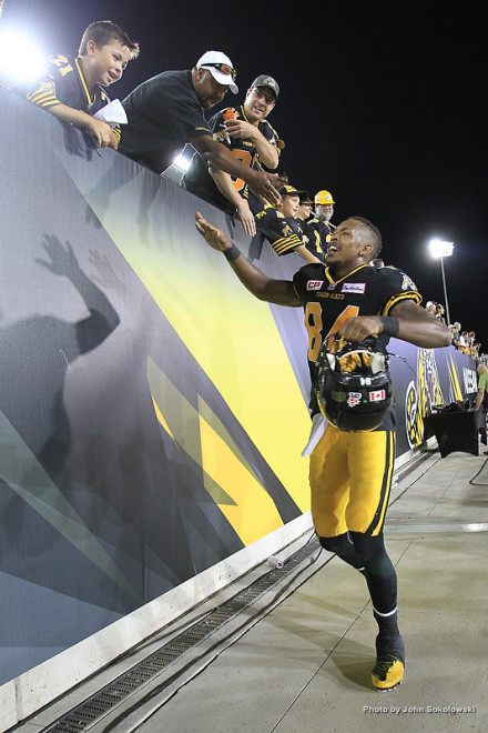 Aug 3, 2015; Hamilton, Ontario, CAN; Hamilton tiger-Cats defeated the Toronto Argonauts 34-18 in the season opener at Tim Hortons Field. Mandatory Credit: John E. Sokolowski