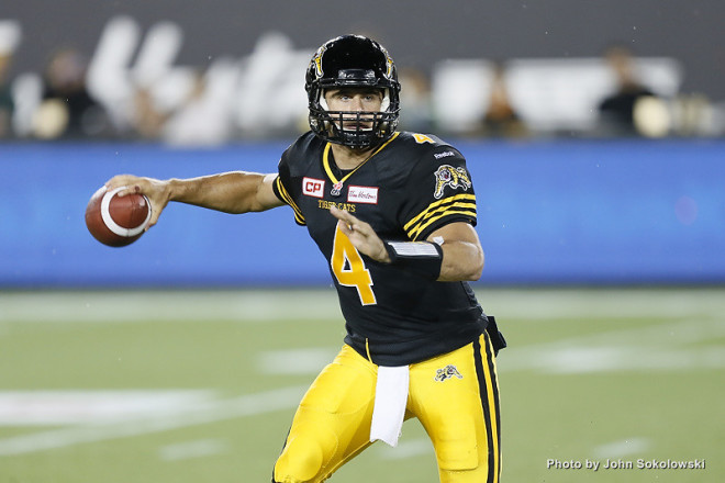 Aug 3, 2015; Hamilton, Ontario, CAN; Hamilton tiger-Cats defeated the Toronto Argonauts 34-18 in the season opener at Tim Hortons Field. Mandatory Credit: John E. Sokolowski