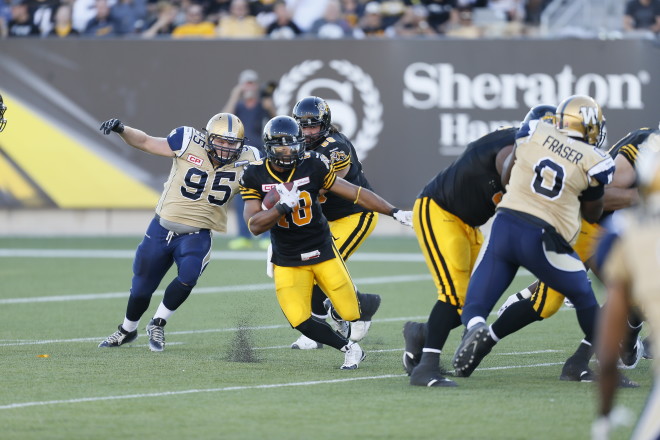 Aug 9, 2015; Hamilton, Ontario, Canada; Hamilton Tiger-Cats defeat the Winnipeg Blue Bombers38-8 at Tim Hortons Field. Mandatory Credit: John E. Sokolowski