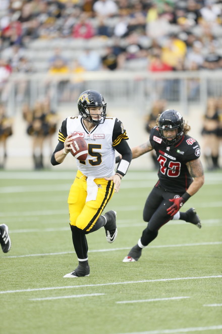 June 8, 2015; Hamilton, Ontario, Canada; Hamilton Tiger-Cats defeat the Ottawa REDBLACKS 37-10 at Tim Hortons Field. Mandatory Credit: John E. Sokolowski