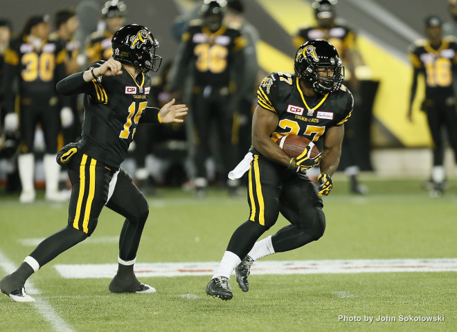Oct 2, 2015; Hamilton, Ontario, Canada; Calgary Stampeders vs Hamilton Tiger-Cats at Tim Hortons Field. Mandatory Credit: John E. Sokolowski