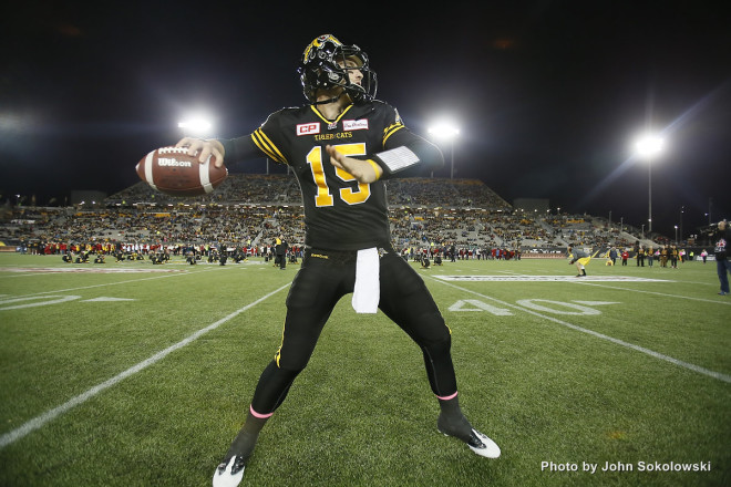 Oct 9, 2015; Hamilton, Ontario, Canada; Saskatchewan Roughriders vs Hamilton Tiger-Cats at Tim Hortons Field. Mandatory Credit: John E. Sokolowski