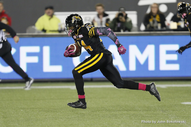 Oct 9, 2015; Hamilton, Ontario, Canada; Sinkfied 87 yard TD pass reception. Saskatchewan Roughriders vs Hamilton Tiger-Cats at Tim Hortons Field. Mandatory Credit: John E. Sokolowski