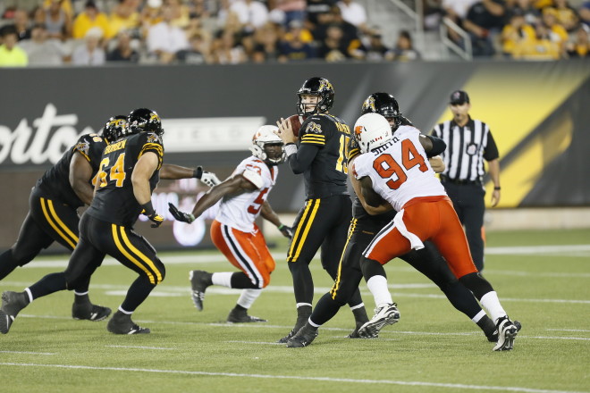 Aug 15, 2015; Hamilton, Ontario, Canada; Hamilton Tiger-Cats defeat the BC Lions 52-22 at Tim Hortons Field. Mandatory Credit: John E. Sokolowski