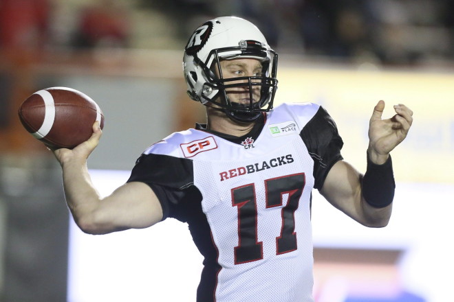 Ottawa Redblacks' Thomas DeMarco (17) starts the third quarter against the Calgary Stampeders' during third quarter CFL football action in Calgary, Saturday, Aug. 15, 2015. THE CANADIAN PRESS/Mike Ridewood