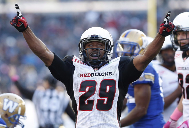 Ottawa Redblacks' William Powell (29) celebrates his touchdown against the Winnipeg Blue Bombers during the first half of CFL action in Winnipeg Saturday, October 24, 2015. THE CANADIAN PRESS/John Woods