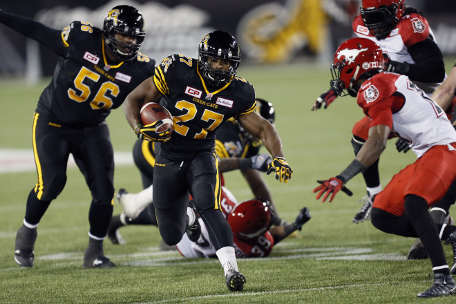 Oct 2, 2015; Hamilton, Ontario, Canada; Calgary Stampeders defeat the Hamilton Tiger-Cats 23-20 at Tim Hortons Field. Mandatory Credit: John E. Sokolowski