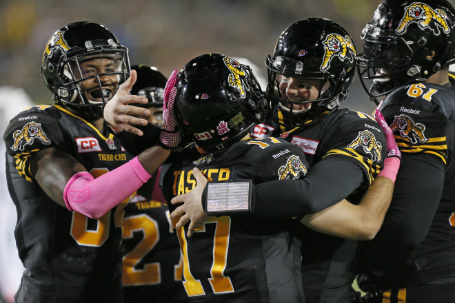 Oct 9, 2015; Hamilton, Ontario, Canada; Hamilton Tiger-Cats defeat the Saskatchewan Roughriders 30-15 at Tim Hortons Field. Mandatory Credit: John E. Sokolowski