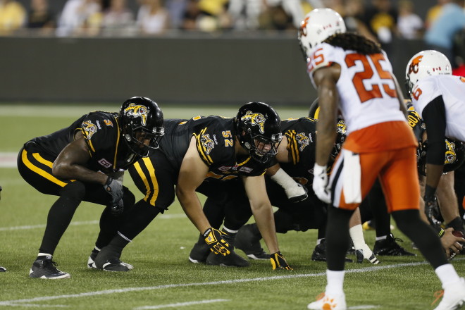 Aug 15, 2015; Hamilton, Ontario, Canada; Hamilton Tiger-Cats defeat the BC Lions 52-22 at Tim Hortons Field. Mandatory Credit: John E. Sokolowski