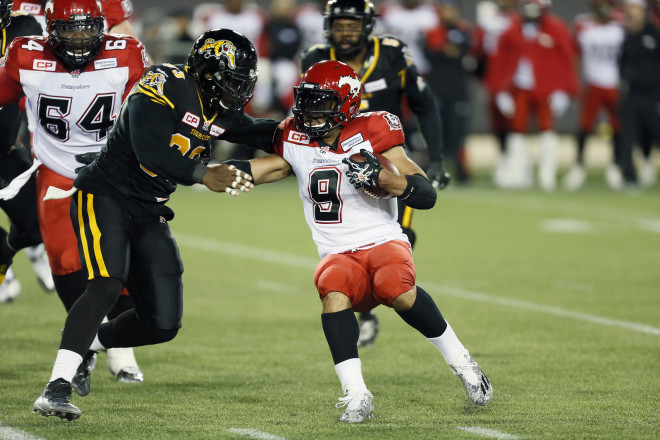 Oct 2, 2015; Hamilton, Ontario, Canada; Calgary Stampeders defeat the Hamilton Tiger-Cats 23-20 at Tim Hortons Field. Mandatory Credit: John E. Sokolowski