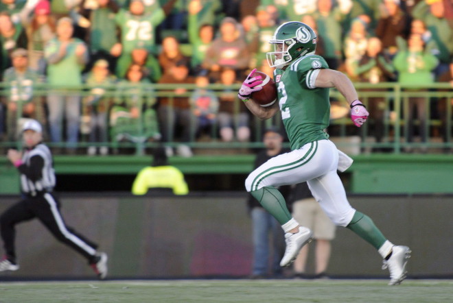 Saskatchewan Roughriders wide receiver Ryan Smith runs the ball for a touchdown after a reception during first half CFL action against the Edmonton Eskimos in Regina on Saturday, October 24, 2015. THE CANADIAN PRESS/Mark Taylor