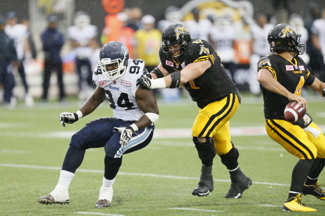 Aug 3, 2015; Hamilton, Ontario, Canada; Hamilton Tiger-Cats defeat the Toronto Argonauts 34-28 in the home opener at Tim Hortons Field. Mandatory Credit: John E. Sokolowski