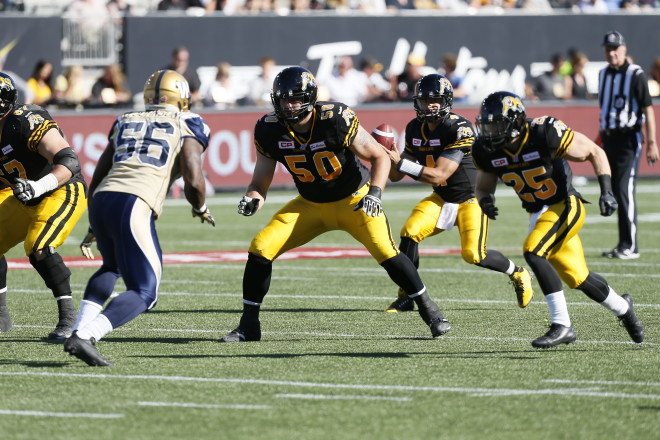 Aug 9, 2015; Hamilton, Ontario, Canada; Hamilton Tiger-Cats defeat the Winnipeg Blue Bombers38-8 at Tim Hortons Field. Mandatory Credit: John E. Sokolowski