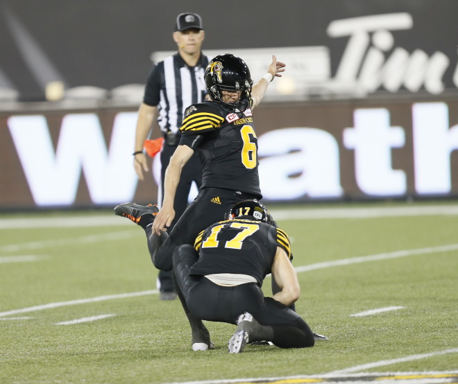 June 18, 2016; Toronto, Ontario, CAN; Hamilton Tiger-Cats defeat the Ottawa Redblacks 42-25 at Tim Hortons's Field. Mandatory Credit: John E. Sokolowski