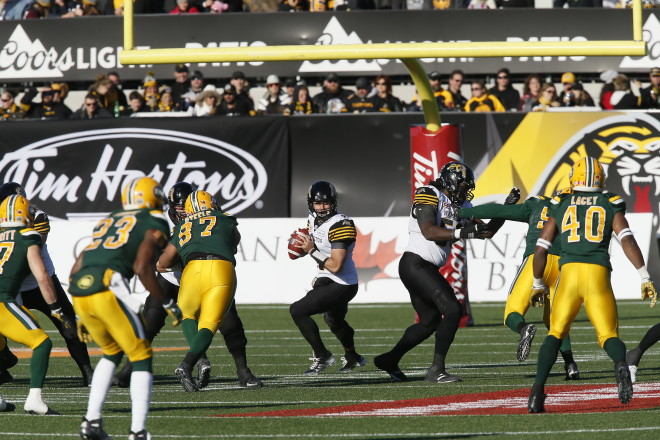 Nov 13, 2016; Toronto, Ontario, CAN; Edmonton Eskimos defeat the Hamilton Tiger-Cats 24-21 in the East Semi Final at Tim Hortons Field. Mandatory Credit: John E. Sokolowski