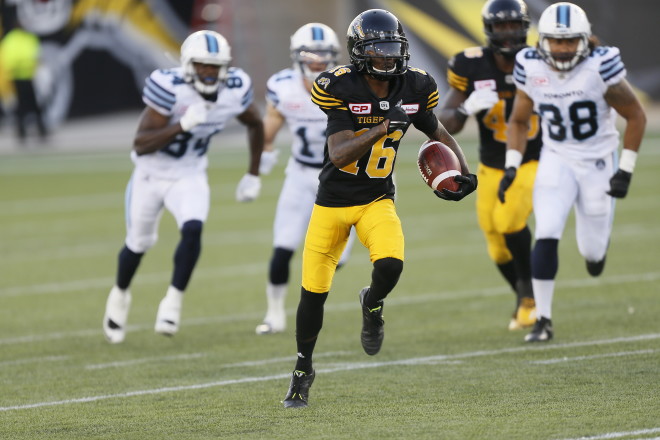 Sep 5, 2016; Hamilton, Ontario, CAN; Hamilton Tiger-Cats defeat the Toronto Argonauts 49-36 at Tim Hortons Field. Mandatory Credit: John E. Sokolowski