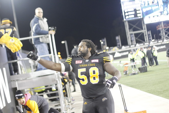 Oct 29, 2016; Toronto, Ontario, CAN; Edmonton Eskimos defeat the Hamilton Tiger-Cats 30-29 at Tim Hortons Field. Mandatory Credit: John E. Sokolowski