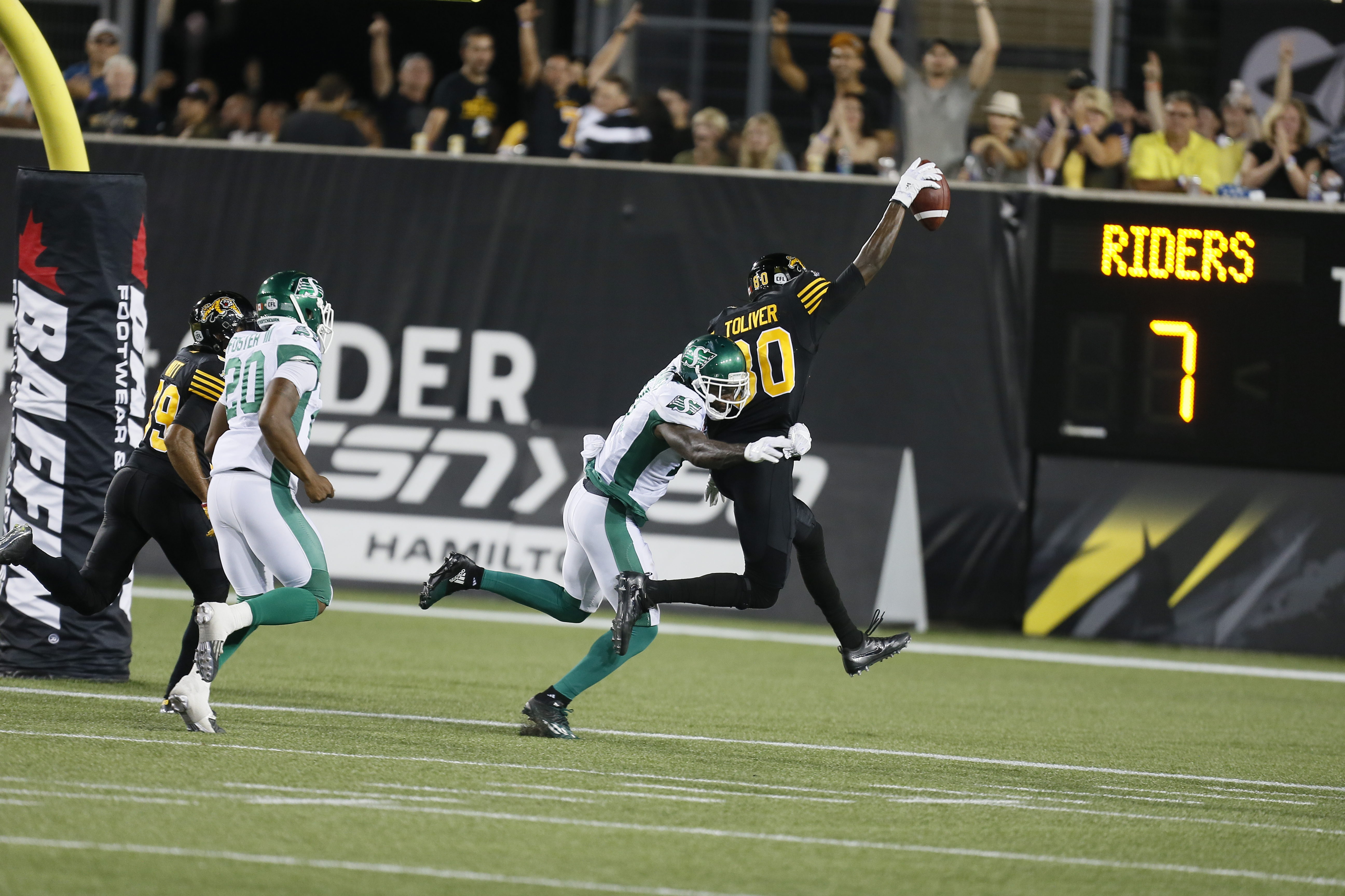 Aug 20, 2016; Hamilton, Ontario, CAN; Hamilton Tiger-Cats defeat the Saskatchewan Roughriders 53-7 at Tim Hortons Field. Mandatory Credit: John E. Sokolowski